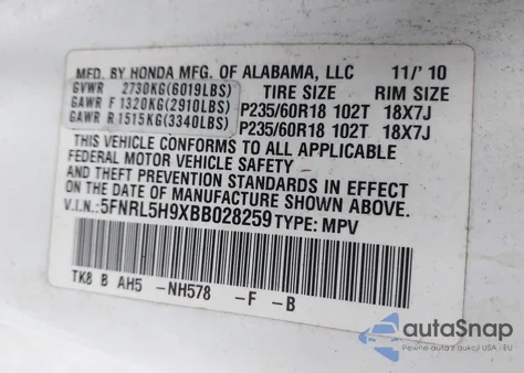 2011 Honda Odyssey Touring/Touring Elite from USA, damaged, VIN 5FNRL5H9XBB028259